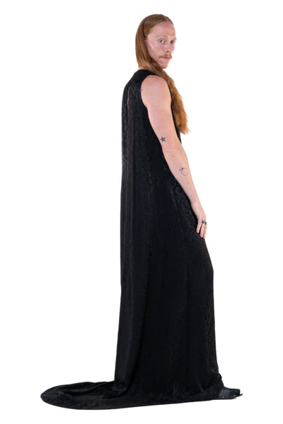 Shop Emerging Slow Fashion Genderless Alternative Avant-garde Designer Mark Baigent Annex Collection Fair Trade Black Jacquard Viscose Regal Maxi Dress at Erebus