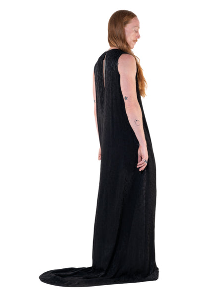 Shop Emerging Slow Fashion Genderless Alternative Avant-garde Designer Mark Baigent Annex Collection Fair Trade Black Jacquard Viscose Regal Maxi Dress at Erebus