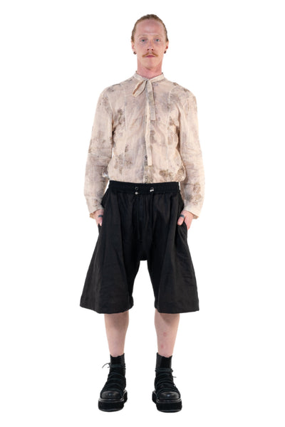 Shop Emerging Slow Fashion Genderless Alternative Avant-garde Designer Mark Baigent Annex Collection Fair Trade Black Linen Saphenous Shorts at Erebus