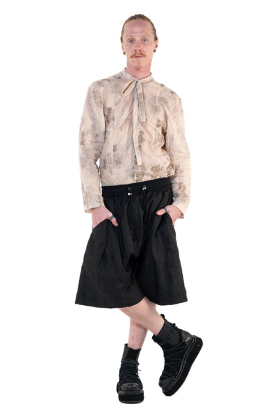 Shop Emerging Slow Fashion Genderless Alternative Avant-garde Designer Mark Baigent Annex Collection Fair Trade Black Linen Saphenous Shorts at Erebus