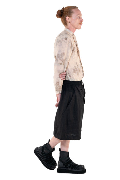 Shop Emerging Slow Fashion Genderless Alternative Avant-garde Designer Mark Baigent Annex Collection Fair Trade Black Linen Saphenous Shorts at Erebus