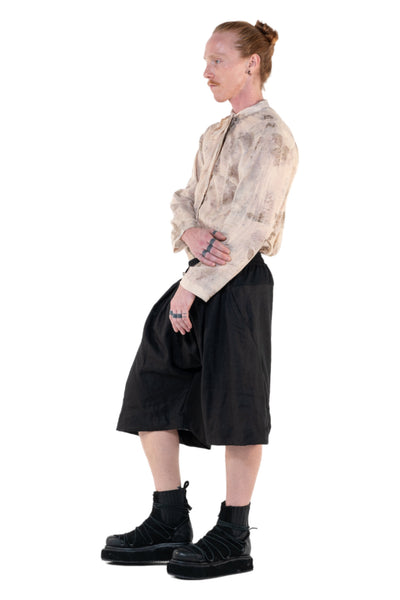 Shop Emerging Slow Fashion Genderless Alternative Avant-garde Designer Mark Baigent Annex Collection Fair Trade Black Linen Saphenous Shorts at Erebus