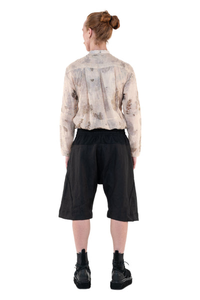 Shop Emerging Slow Fashion Genderless Alternative Avant-garde Designer Mark Baigent Annex Collection Fair Trade Black Linen Saphenous Shorts at Erebus