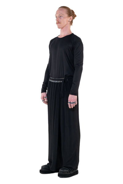 Shop Emerging Slow Fashion Genderless Alternative Avant-garde Designer Mark Baigent Annex Collection Fair Trade Black Viscose Wide Leg Sister Pants at Erebus