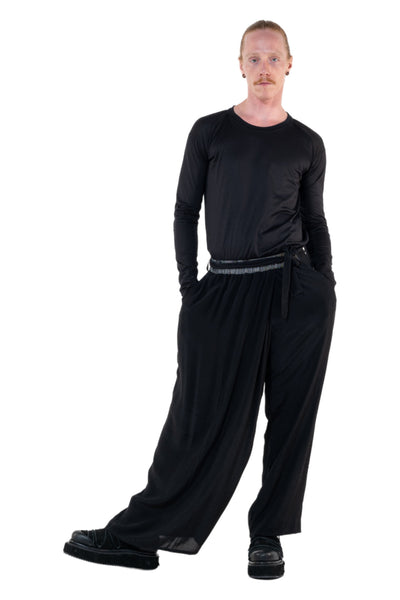 Shop Emerging Slow Fashion Genderless Alternative Avant-garde Designer Mark Baigent Annex Collection Fair Trade Black Viscose Wide Leg Sister Pants at Erebus