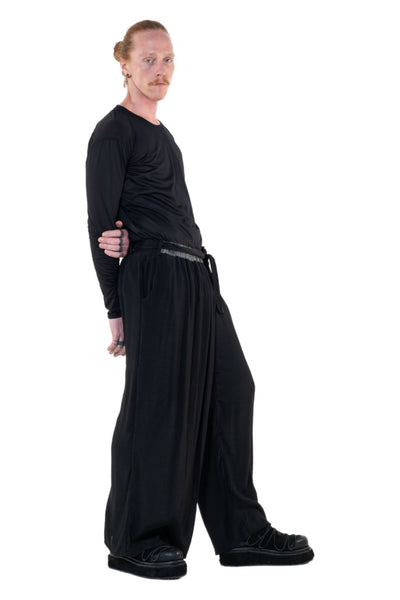 Shop Emerging Slow Fashion Genderless Alternative Avant-garde Designer Mark Baigent Annex Collection Fair Trade Black Viscose Wide Leg Sister Pants at Erebus