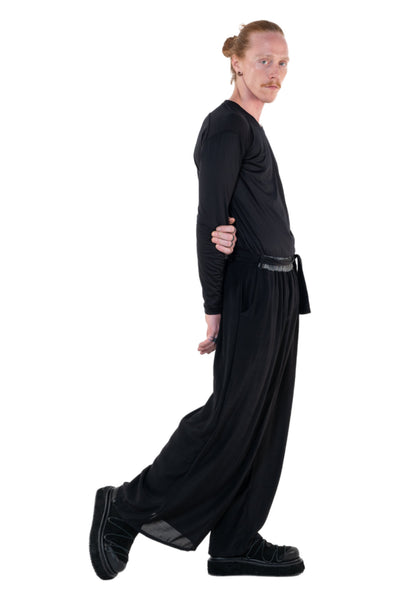 Shop Emerging Slow Fashion Genderless Alternative Avant-garde Designer Mark Baigent Annex Collection Fair Trade Black Viscose Wide Leg Sister Pants at Erebus