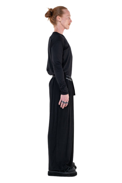 Shop Emerging Slow Fashion Genderless Alternative Avant-garde Designer Mark Baigent Annex Collection Fair Trade Black Viscose Wide Leg Sister Pants at Erebus