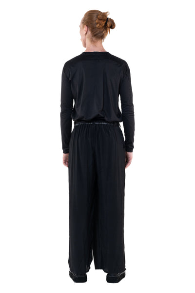 Shop Emerging Slow Fashion Genderless Alternative Avant-garde Designer Mark Baigent Annex Collection Fair Trade Black Viscose Wide Leg Sister Pants at Erebus