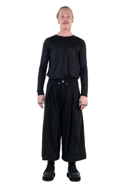 Shop Emerging Slow Fashion Genderless Alternative Avant-garde Designer Mark Baigent Annex Collection Fair Trade Black Cotton Viscose Twill Wide Leg Veigh Long Shorts at Erebus