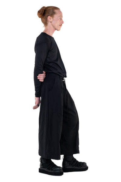 Shop Emerging Slow Fashion Genderless Alternative Avant-garde Designer Mark Baigent Annex Collection Fair Trade Black Cotton Viscose Twill Wide Leg Veigh Long Shorts at Erebus