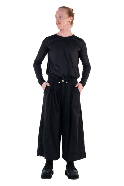 Shop Emerging Slow Fashion Genderless Alternative Avant-garde Designer Mark Baigent Annex Collection Fair Trade Black Cotton Viscose Twill Wide Leg Veigh Long Shorts at Erebus