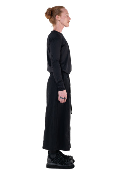 Shop Emerging Slow Fashion Genderless Alternative Avant-garde Designer Mark Baigent Annex Collection Fair Trade Black Cotton Viscose Twill Wide Leg Veigh Long Shorts at Erebus