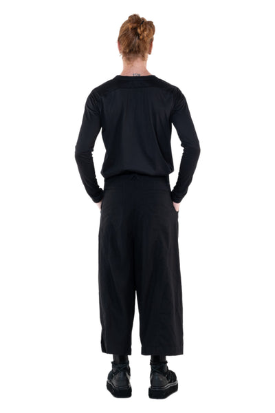 Shop Emerging Slow Fashion Genderless Alternative Avant-garde Designer Mark Baigent Annex Collection Fair Trade Black Cotton Viscose Twill Wide Leg Veigh Long Shorts at Erebus