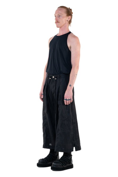 Shop Emerging Slow Fashion Genderless Alternative Avant-garde Designer Mark Baigent Annex Collection Fair Trade Black Linen Wide Leg Veigh Long Shorts at Erebus