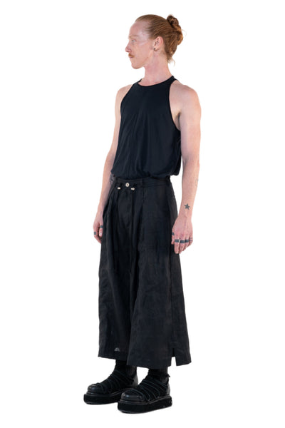 Shop Emerging Slow Fashion Genderless Alternative Avant-garde Designer Mark Baigent Annex Collection Fair Trade Black Linen Wide Leg Veigh Long Shorts at Erebus