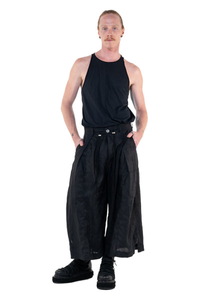 Shop Emerging Slow Fashion Genderless Alternative Avant-garde Designer Mark Baigent Annex Collection Fair Trade Black Linen Wide Leg Veigh Long Shorts at Erebus