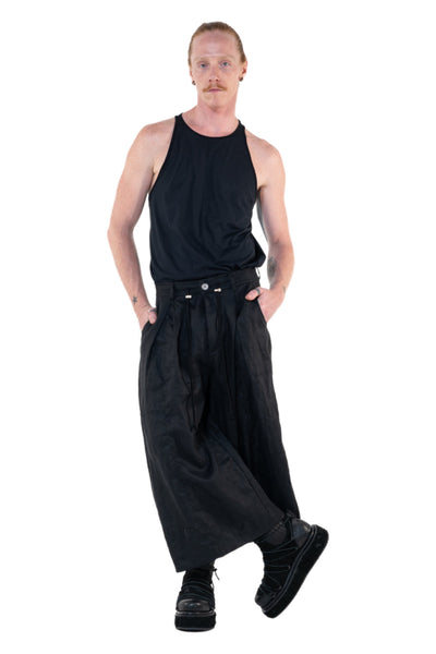 Shop Emerging Slow Fashion Genderless Alternative Avant-garde Designer Mark Baigent Annex Collection Fair Trade Black Linen Wide Leg Veigh Long Shorts at Erebus