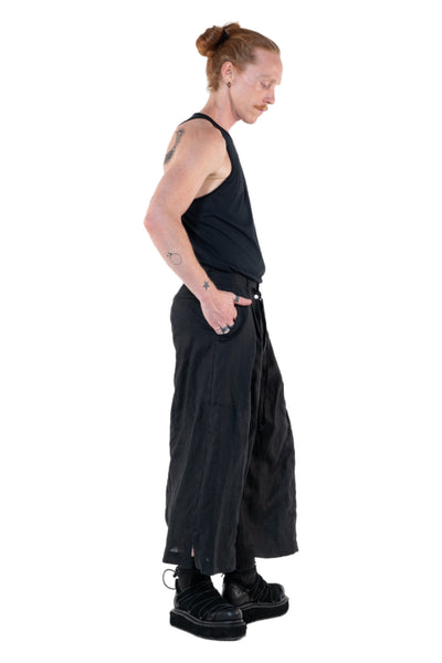 Shop Emerging Slow Fashion Genderless Alternative Avant-garde Designer Mark Baigent Annex Collection Fair Trade Black Linen Wide Leg Veigh Long Shorts at Erebus