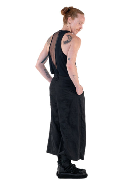 Shop Emerging Slow Fashion Genderless Alternative Avant-garde Designer Mark Baigent Annex Collection Fair Trade Black Linen Wide Leg Veigh Long Shorts at Erebus