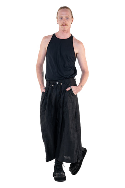 Shop Emerging Slow Fashion Genderless Alternative Avant-garde Designer Mark Baigent Annex Collection Fair Trade Black Linen Wide Leg Veigh Long Shorts at Erebus