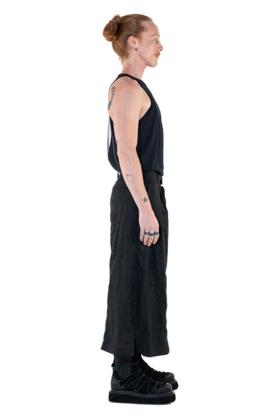 Shop Emerging Slow Fashion Genderless Alternative Avant-garde Designer Mark Baigent Annex Collection Fair Trade Black Linen Wide Leg Veigh Long Shorts at Erebus