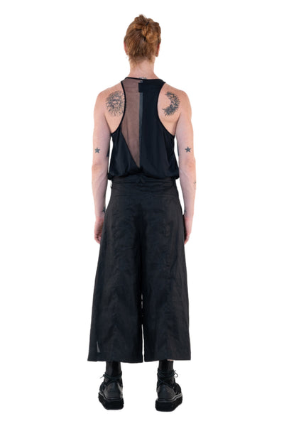 Shop Emerging Slow Fashion Genderless Alternative Avant-garde Designer Mark Baigent Annex Collection Fair Trade Black Linen Wide Leg Veigh Long Shorts at Erebus