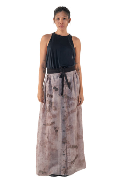 Shop Emerging Slow Fashion Genderless Alternative Avant-garde Designer Mark Baigent Annex Collection Fair Trade Signature Eco Purple Print Linen Wistle Maxi Skirt at Erebus