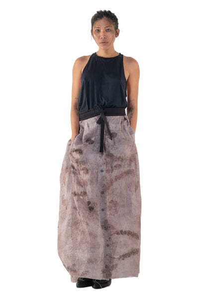 Shop Emerging Slow Fashion Genderless Alternative Avant-garde Designer Mark Baigent Annex Collection Fair Trade Signature Eco Purple Print Linen Wistle Maxi Skirt at Erebus