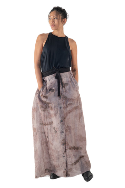 Shop Emerging Slow Fashion Genderless Alternative Avant-garde Designer Mark Baigent Annex Collection Fair Trade Signature Eco Purple Print Linen Wistle Maxi Skirt at Erebus