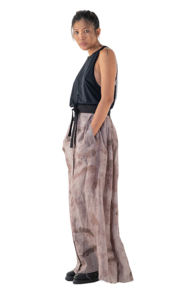 Shop Emerging Slow Fashion Genderless Alternative Avant-garde Designer Mark Baigent Annex Collection Fair Trade Signature Eco Purple Print Linen Wistle Maxi Skirt at Erebus