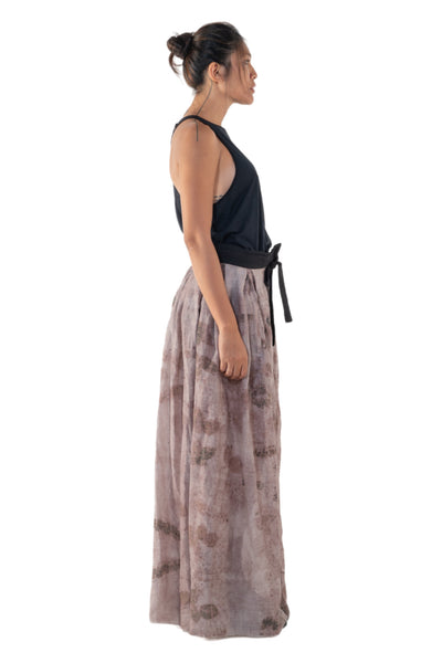 Shop Emerging Slow Fashion Genderless Alternative Avant-garde Designer Mark Baigent Annex Collection Fair Trade Signature Eco Purple Print Linen Wistle Maxi Skirt at Erebus