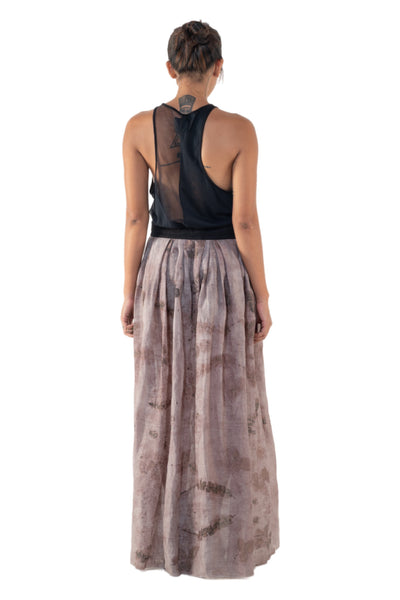 Shop Emerging Slow Fashion Genderless Alternative Avant-garde Designer Mark Baigent Annex Collection Fair Trade Signature Eco Purple Print Linen Wistle Maxi Skirt at Erebus