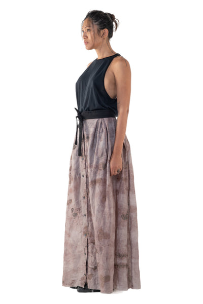 Shop Emerging Slow Fashion Genderless Alternative Avant-garde Designer Mark Baigent Annex Collection Fair Trade Signature Eco Purple Print Linen Wistle Maxi Skirt at Erebus