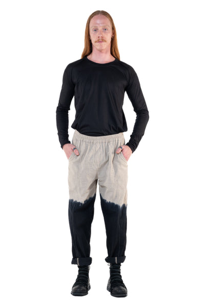 Shop Emerging Slow Fashion Genderless Alternative Avant-garde Designer Mark Baigent Annex Collection Fair Trade Black to Natural Ombre Cotton Slub Yuwi Slim Pants at Erebus