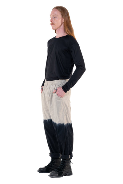 Shop Emerging Slow Fashion Genderless Alternative Avant-garde Designer Mark Baigent Annex Collection Fair Trade Black to Natural Ombre Cotton Slub Yuwi Slim Pants at Erebus