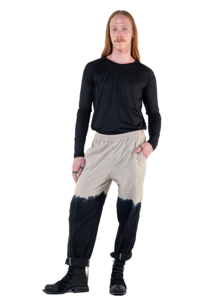 Shop Emerging Slow Fashion Genderless Alternative Avant-garde Designer Mark Baigent Annex Collection Fair Trade Black to Natural Ombre Cotton Slub Yuwi Slim Pants at Erebus