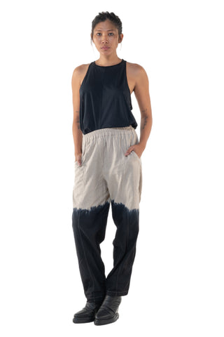 Shop Emerging Slow Fashion Genderless Alternative Avant-garde Designer Mark Baigent Annex Collection Fair Trade Black to Natural Ombre Cotton Slub Yuwi Slim Pants at Erebus