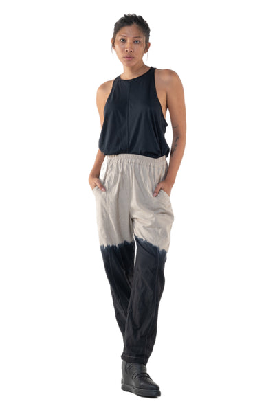 Shop Emerging Slow Fashion Genderless Alternative Avant-garde Designer Mark Baigent Annex Collection Fair Trade Black to Natural Ombre Cotton Slub Yuwi Slim Pants at Erebus