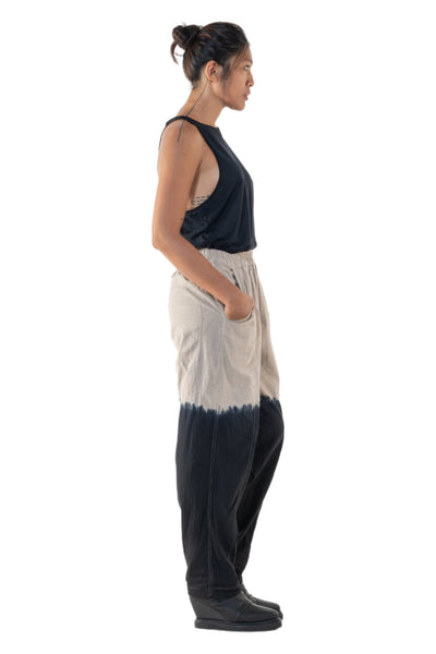 Shop Emerging Slow Fashion Genderless Alternative Avant-garde Designer Mark Baigent Annex Collection Fair Trade Black to Natural Ombre Cotton Slub Yuwi Slim Pants at Erebus