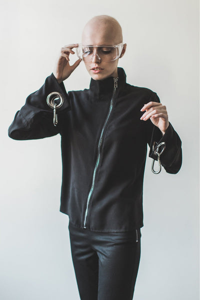 Shop Emerging Contemporary Womenswear brand Too Damn Expensive Asymmetric Zip Shirt Jacket at Erebus