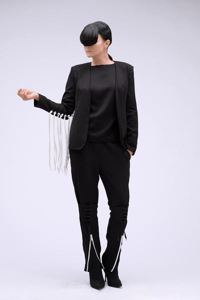 Shop Emerging Contemporary Womenswear brand Too Damn Expensive Black Fringe Jacket at Erebus