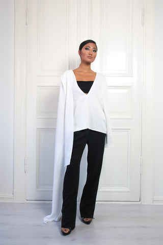 Shop Emerging Contemporary Urban Conscious Womenswear Brand Too Damn Expensive White Asymmetric Sleeve Top at Erebus