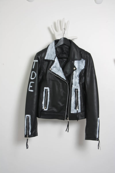 Shop Emerging Contemporary Conscious Womenswear Brand Too Damn Expensive Black Hand-painted Sheep Leather Moto Jacket at Erebus