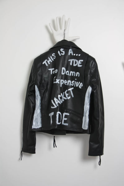 Shop Emerging Contemporary Conscious Womenswear Brand Too Damn Expensive Black Hand-painted Sheep Leather Moto Jacket at Erebus