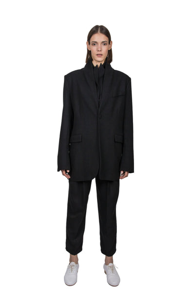 Shop Emerging Slow Fashion Genderless Brand Ludus Agender Brand Black Double Collar Wool Jacket at Erebus