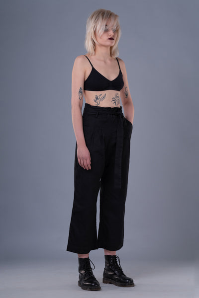 Shop Emerging Dark Conceptual Brand Anagenesis Braille Black Cotton Sash Trousers at Erebus