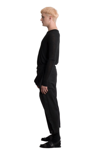 Shop Emerging Slow Fashion Genderless Brand Ludus Agender Brand Black Cropped Flax Twist Trousers at Erebus