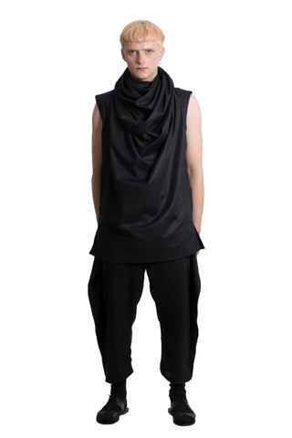 Shop Emerging Slow Fashion Genderless Brand Ludus Agender Brand Black Sleeveless Draped High Neck Top at Erebus