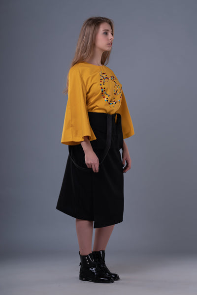 Shop Emerging Dark Conceptual Brand Anagenesis Braille Black Wool and Leather Veneer Skirt at Erebus